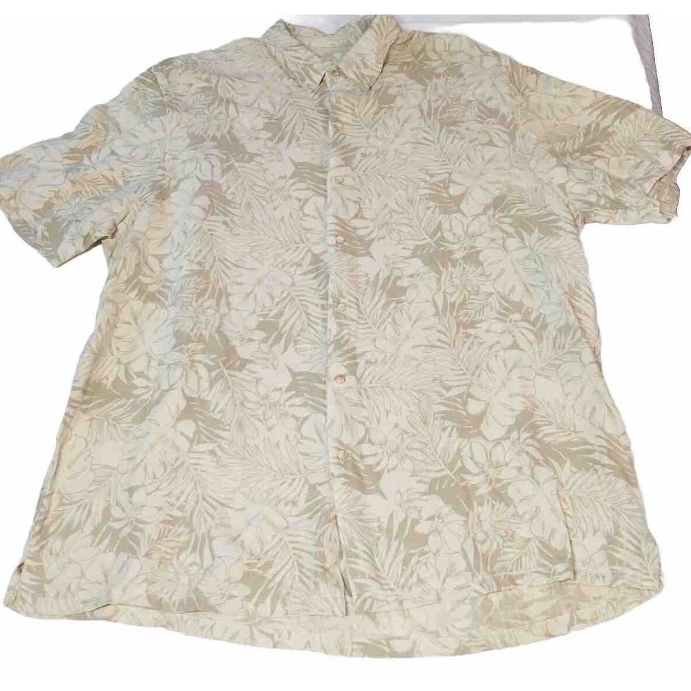 Tasso Elba Island Mens XXL Linen Silk Hawaiian Shirt Beige Tropical Print‎ Aloha